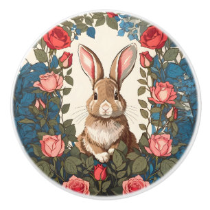 Bouton De Porte En Céramique Jardin de roses de lapin brun