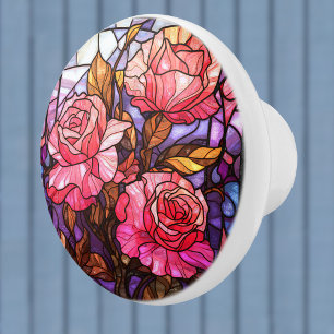 Bouton De Porte En Céramique Jardin de roses roses aspect vitrail