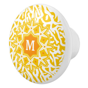 Bouton De Porte En Céramique Jaune ensoleillé de monogramme d'étoiles de mer 