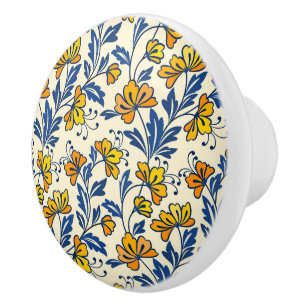 Bouton De Porte En Céramique Jaune Orange Floral Vintage Folk Bleu Feuille