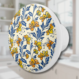 Bouton De Porte En Céramique Jaune Orange Floral Vintage Folk Bleu Feuille