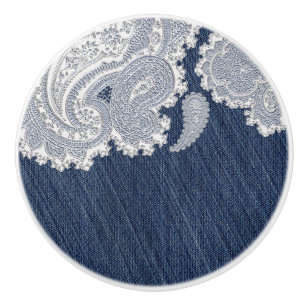 Bouton De Porte En Céramique Jean en Denim & Dentelle Blanche Élégant Country W
