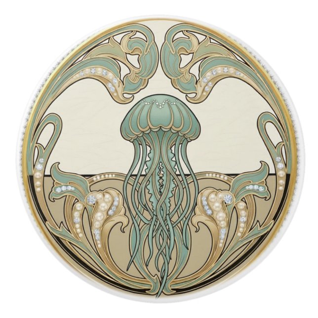 Bouton De Porte En Céramique Jellyfish Green Cream & Gold Art Deco Nouveau (Devant)