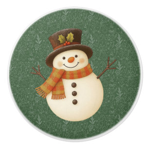 Bouton De Porte En Céramique Joli bonhomme de neige rustique vert vintage