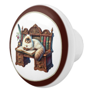 Bouton De Porte En Céramique Joli chat lisant un coin de bibliothèque pour amat