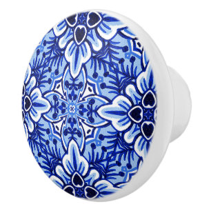 Bouton De Porte En Céramique Joli motif floral bleu Delft vintage hollandais