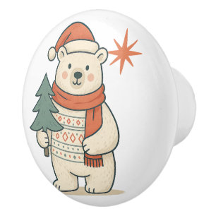 Bouton De Porte En Céramique Joli ours polaire de Noël scandinave en hiver