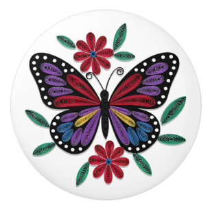 Bouton De Porte En Céramique Joli Papillon en Papier Quillé Violet et Bordeaux