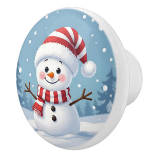 Bouton De Porte En Céramique Joli petit bonhomme de neige avec écharpe et chape