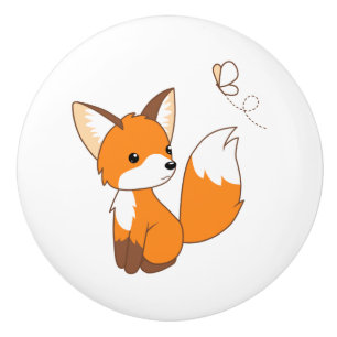 Bouton De Porte En Céramique Joli Petit Renard Regardant un Papillon