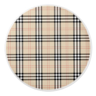 Bouton De Porte En Céramique Joli Tartan Plaid Beige