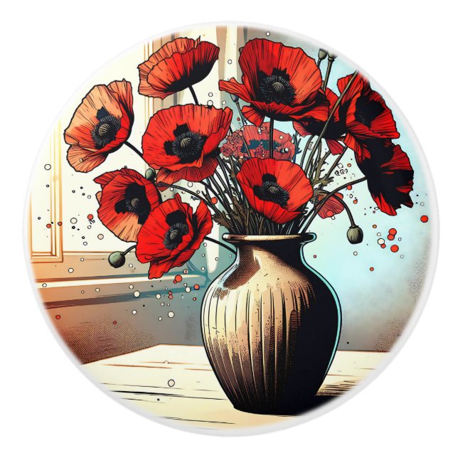 Bouton De Porte En Céramique Joli Vase de Red Poppies ai art (Devant)