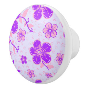 Bouton De Porte En Céramique Jolie impression florale violet et rose sur Lavend