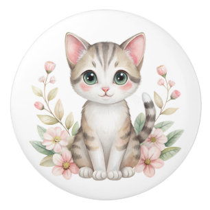 Bouton De Porte En Céramique Jolie Kitty et Fleurs Pastel