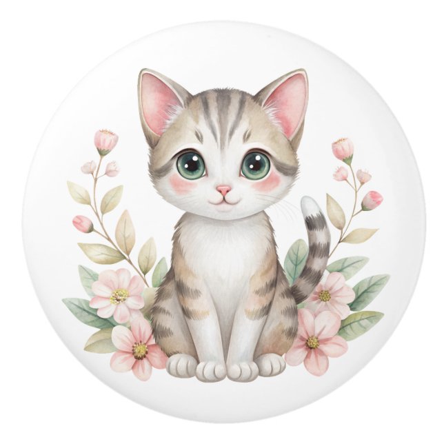 Bouton De Porte En Céramique Jolie Kitty et Fleurs Pastel (Devant)