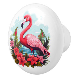 Bouton De Porte En Céramique Jolie maison de plage rose flamingo