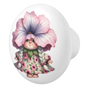 Bouton De Porte En Céramique Jolie petite fille florale Gnome