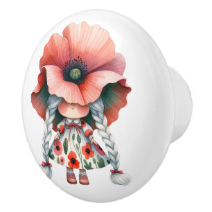 Bouton De Porte En Céramique Jolie petite fille florale Orange Gnome