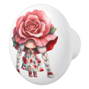 Bouton De Porte En Céramique Jolie petite fille rouge florale Gnome