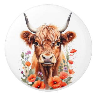 Bouton De Porte En Céramique Jolie vache des Highlands et coquelicots rouges aq
