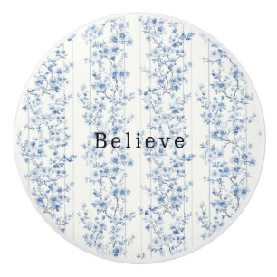Bouton De Porte En Céramique Jolies Fleurs Blanches Bleues Croient