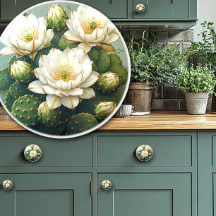 Bouton De Porte En Céramique Jolies fleurs blanches de cactus