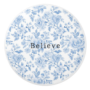 Bouton De Porte En Céramique Jolies Fleurs Bleues et Blanches Chic Croire