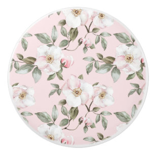 Bouton De Porte En Céramique Jolies Fleurs Roses Blanches