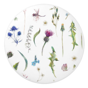 Bouton De Porte En Céramique Jolies Fleurs Thistler Dragonfly Design