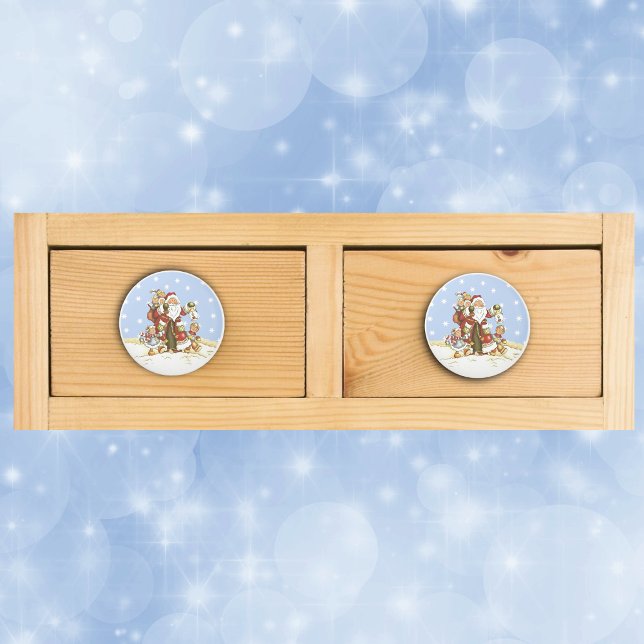 Bouton De Porte En Céramique Jote Père Noël Folk Art Kids Christmas Snowflakes (Cute Santa Claus with Children lantern walking in snow on drawer knob pull.)