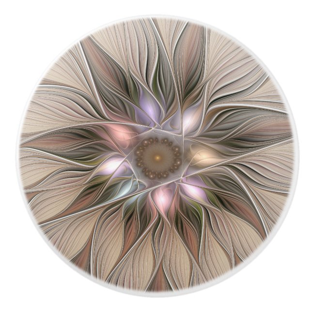 Bouton De Porte En Céramique Joyeuse Fleur Abstrait Beige Brown Floral Fractal (Devant)