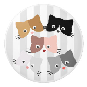 Bouton De Porte En Céramique Joyeux Chatons Curieux