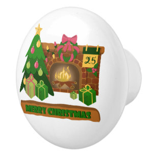Bouton De Porte En Céramique Joyeux Noël près d'un feu de cheminée arbre de noë