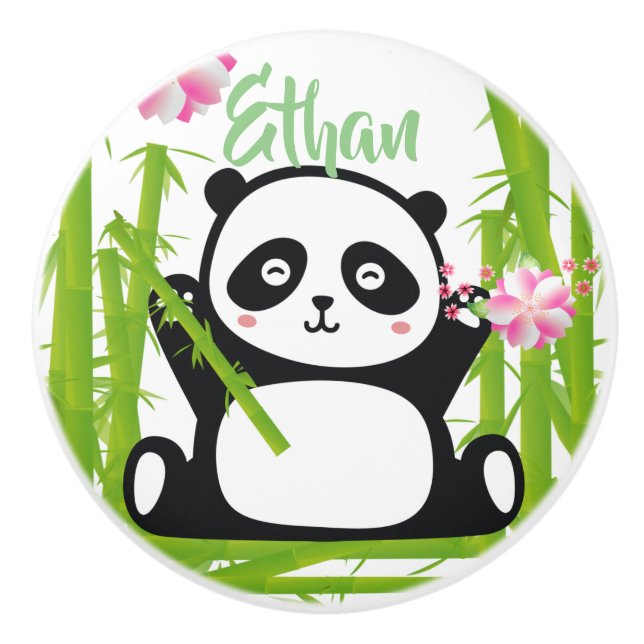 Bouton De Porte En Céramique Joyeux Panda avec bambou et fleurs de cerisiers (Devant)