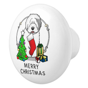 Bouton De Porte En Céramique Joyeux sapin de Noël 2 Vieux anglais Chien de mer