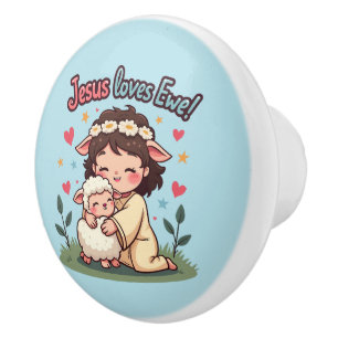 Bouton De Porte En Céramique Kawaii Christian "Jesus aime Ewe" Pastel Design