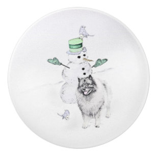 Bouton De Porte En Céramique Keeshond Noël Snowman Peinture Chien Art