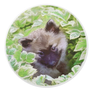 Bouton De Porte En Céramique Keeshond Puppy in the Garden Peinture Art original