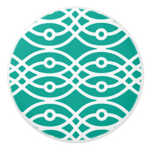 Bouton De Porte En Céramique Kimono imprimé, turquoise et blanc