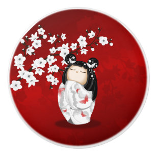 Bouton De Porte En Céramique Kokeshi Doll Rouge Noir Blanc Cerveau en fleurs Ce