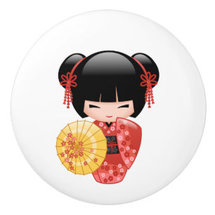 Bouton De Porte En Céramique La poupée rouge Sakura Kokeshi - Cute Geisha japo