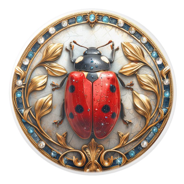 Bouton De Porte En Céramique Lady Bug Precious Gems Élégants Feuilles d'or (Devant)