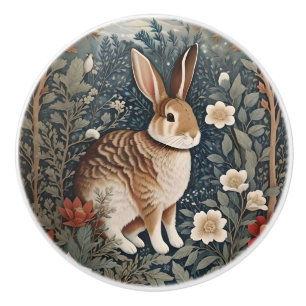 Bouton De Porte En Céramique Lapin Élégant Encadré de Fleurs et de Feuilles