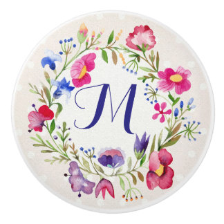 Bouton De Porte En Céramique L'aquarelle mignonne fleurit le monogramme fin