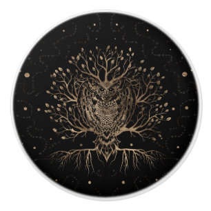 Bouton De Porte En Céramique L'Arbre des Chouettes d'Or