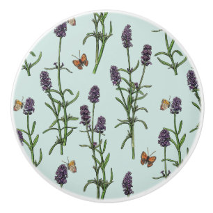 Bouton De Porte En Céramique Lavande et papillons sur verre de mer