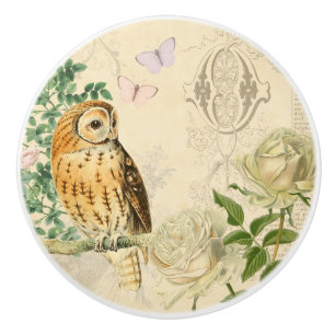 Bouton De Porte En Céramique Le bouton en céramique floral de hibou vintage