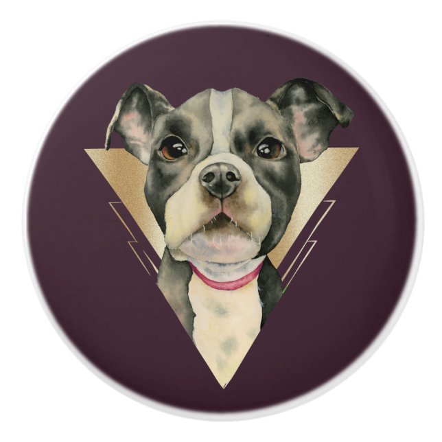 Bouton De Porte En Céramique Le "chiot observe" l'aquarelle de chien de pitbull (Devant)