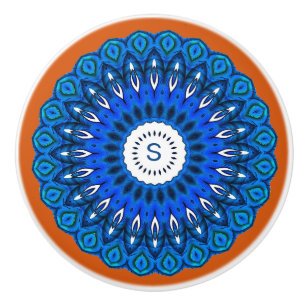 Bouton De Porte En Céramique Le Mandala bleu sur la pêche noire avec tiroir
