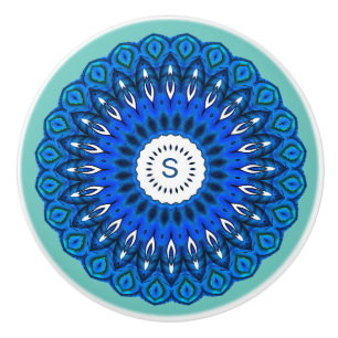 Bouton De Porte En Céramique Le Mandala bleu sur Turquoise avec le premier bout